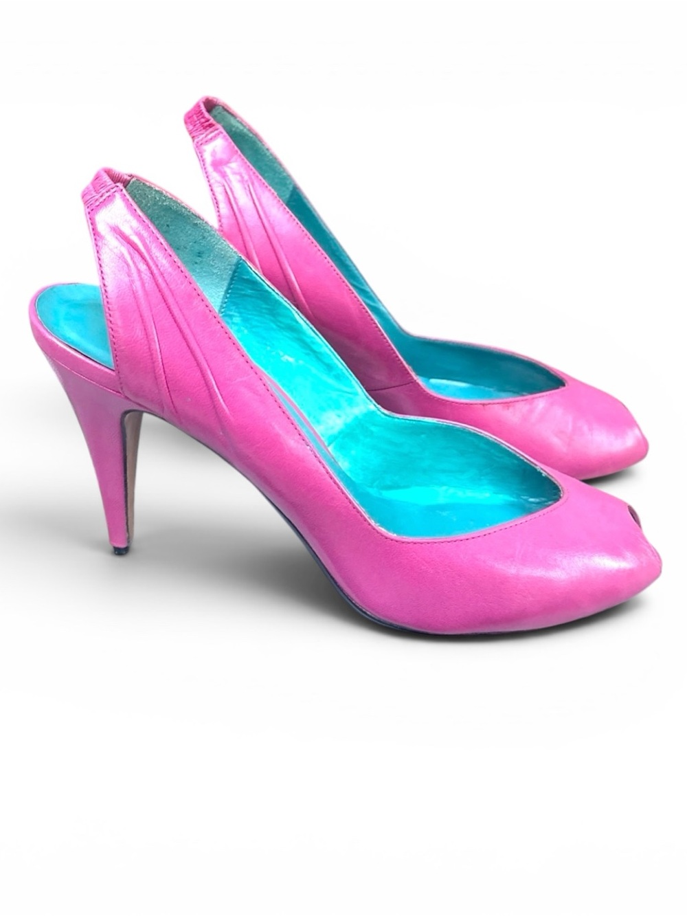 Pink Leather Turquoise Linung Slingback Peep-Toe Heels - Women's Fashion Pumps